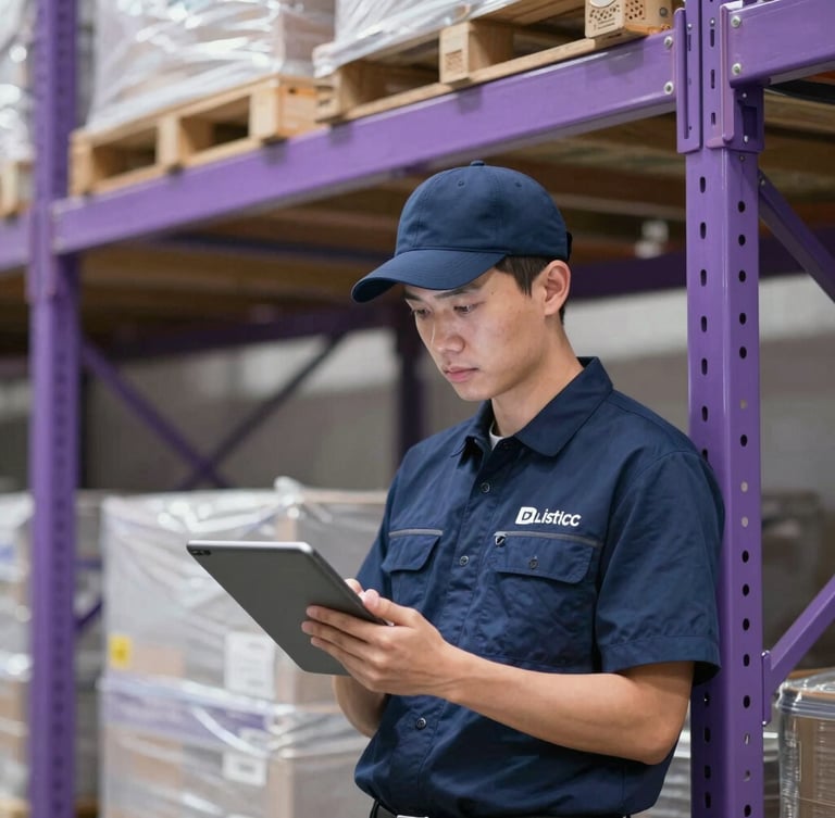Logistics coordinator in a branded uniform using a digital tablet inside a high-bay warehouse, sharp focus, cool-toned violet ambient accents