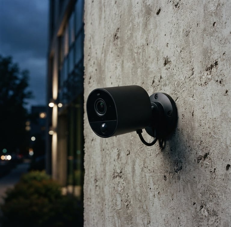 Sleek matte-black security camera mounted on a raw concrete wall, twilight architectural lighting, deep charcoal tones, sharp focus, 35mm