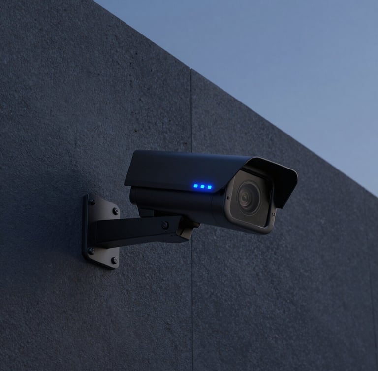 Close-up of a sleek matte-black security camera mounted on a textured concrete wall, clean architectural lines, electric-blue status light, sharp focus, 35mm
