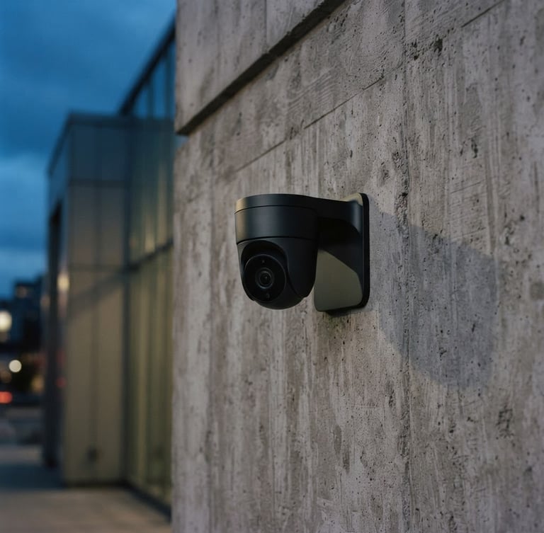 Sleek matte-black security camera seamlessly mounted on a raw concrete architectural wall, twilight, cool blue tones, sharp focus, 35mm
