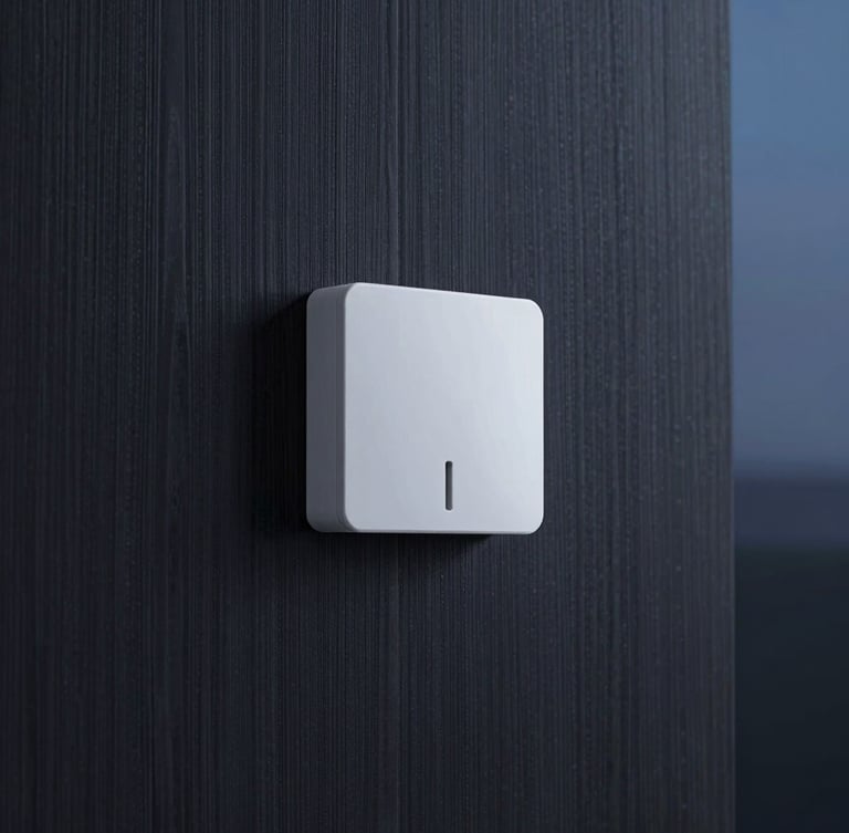 Minimalist white motion sensor mounted on a dark wood panel, soft architectural lighting, sharp focus, 35mm