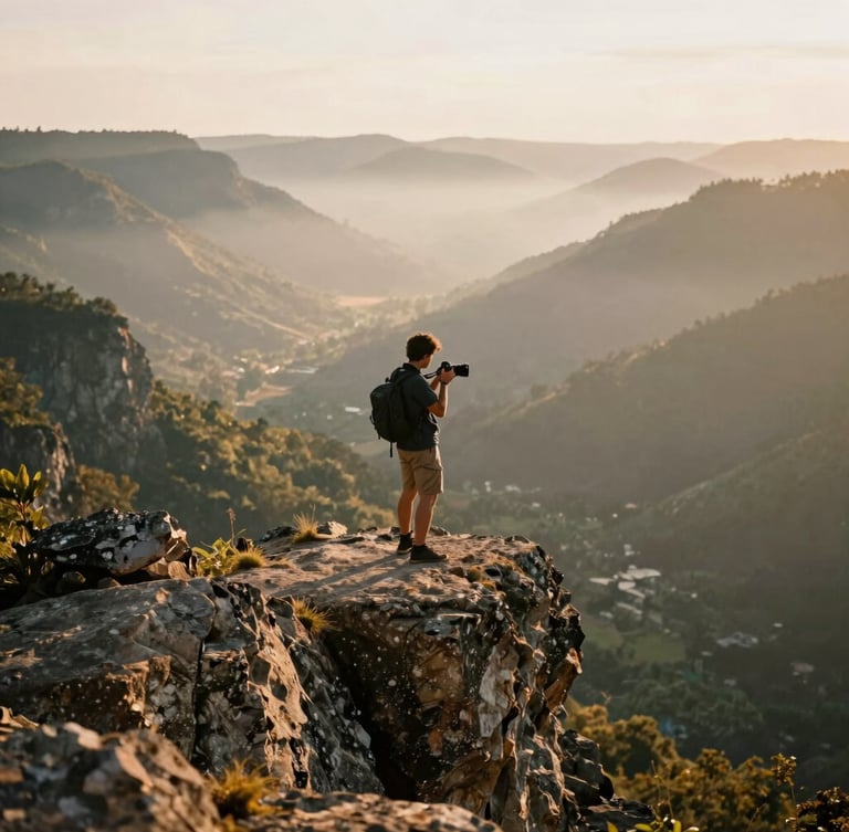 A creator on a rocky cliff overlooking a misty mountain valley at golden hour, holding a camera, wide-angle environmental shot.