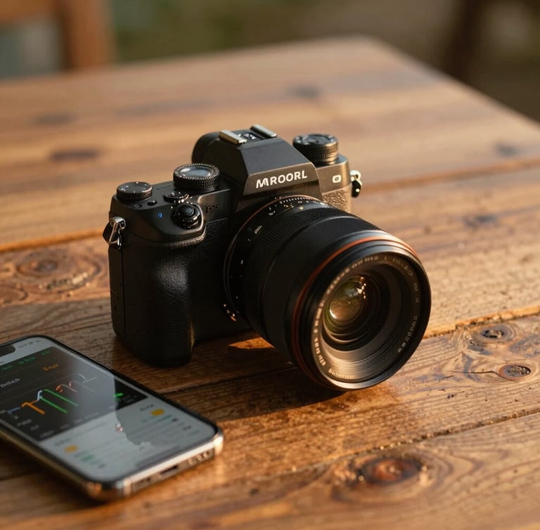 Close-up of a premium mirrorless camera resting on a rustic wooden table next to a smartphone showing analytics graphs, warm golden-hour light.