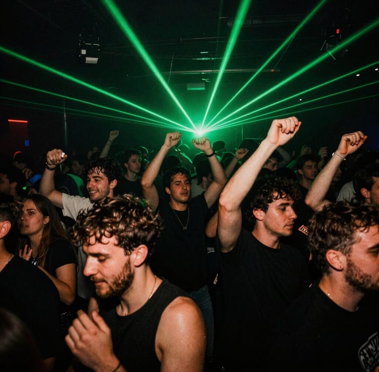 Gritty flash-exposed photography of a packed UK club night, high-contrast shadows, electric neon green laser beams cutting through a dense, sweaty crowd dancing.