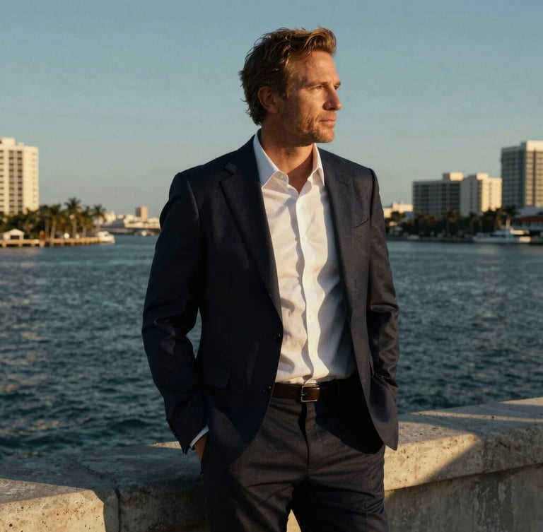 Cinematic, high-contrast editorial portrait of a luxury real estate developer overlooking Biscayne Bay at golden hour, dramatic shadows, heavy-stock print texture.