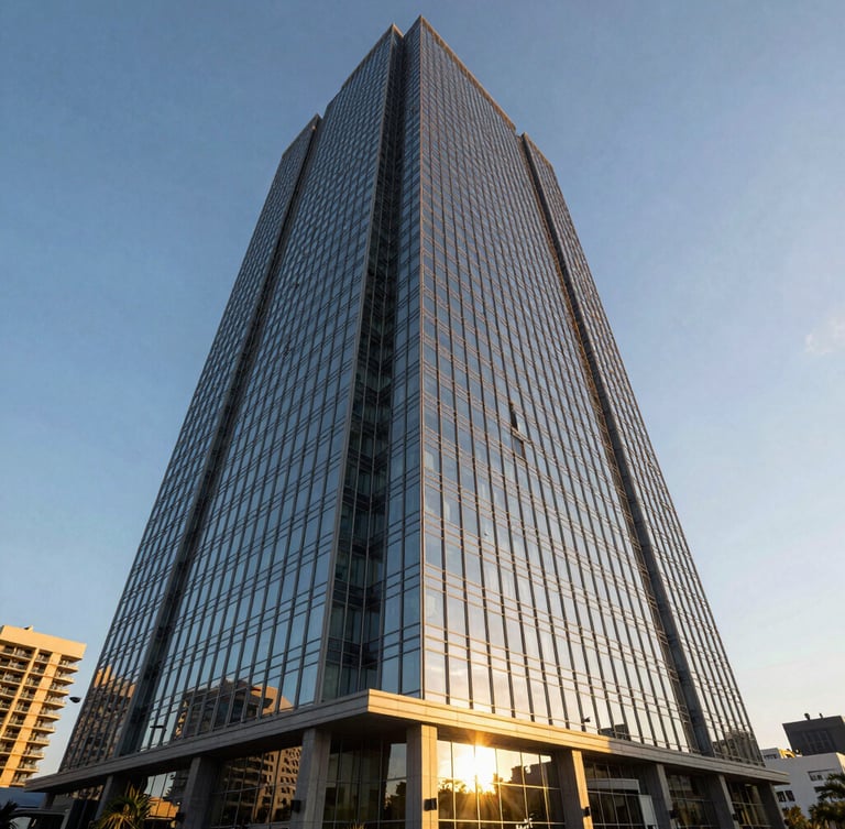 Low-angle architectural shot of a modern glass skyscraper in Brickell at golden hour, sharp shadows, warm light reflecting off Biscayne Bay in the background.