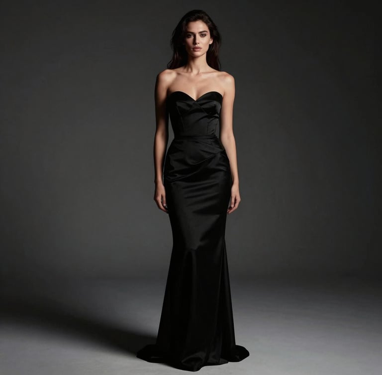Chiaroscuro studio portrait of an elegant woman in high-fashion couture, dramatic side-lighting, deep shadows, editorial styling.