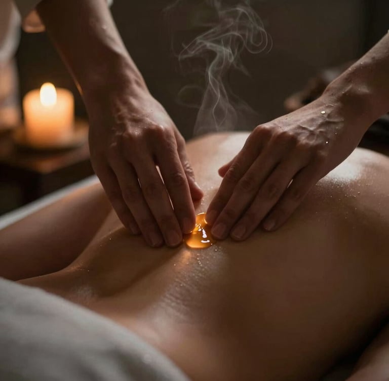 Moody close-up of professional hands applying warm amber oil to a back, soft candlelight, deep shadows, rich textures, shallow depth of field.