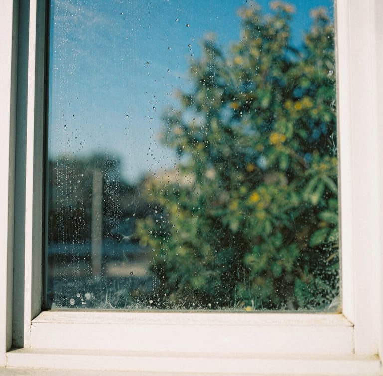 Bright outdoor photography of a clean window pane reflecting bright blue skies and green trees, water droplets sheeting off the glass, crisp morning sunlight, vivid retro color palette, sharp focus, 35mm film aesthetic.