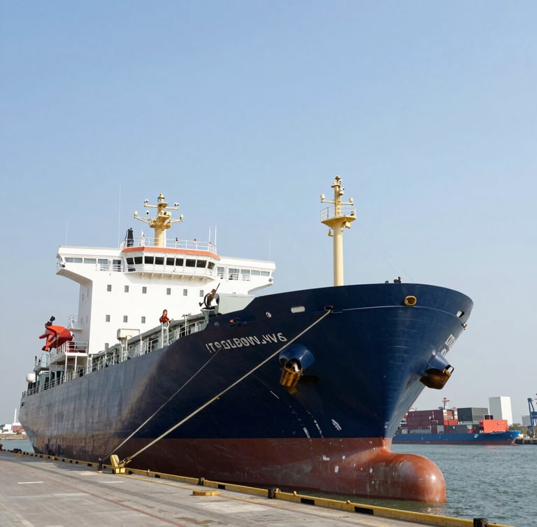 Wide-angle environmental shot of a massive cargo vessel docked at a busy port, bright daylight, sharp corporate photography, deep navy hulls, 35mm