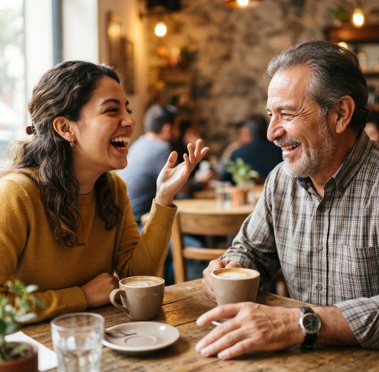 Medium close-up of a young Mexican woman and an older man laughing while talking over coffee, warm natural daylight, expressive hand gestures, shallow depth of field