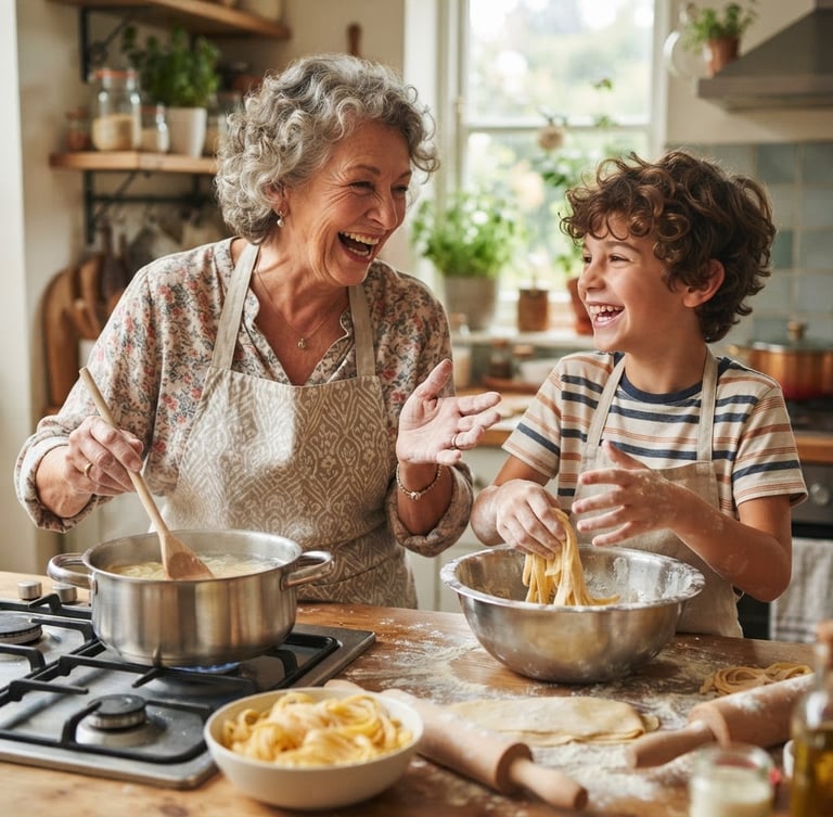 Medium close-up of a grandmother and grandson laughing together, gesturing expressively with their hands while cooking pasta in a warm, sunlit kitchen, shallow depth of field, natural daylight