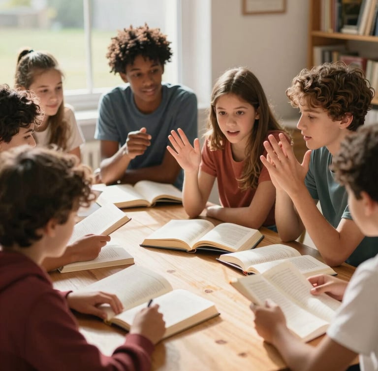 A cozy sunlit room where a small multi-generational group of students is discussing books, warm daylight, natural expressions, expressive hand gestures