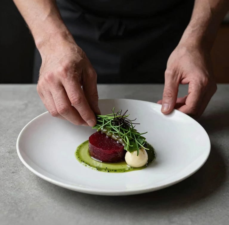 Portrait shot of a chef's hands delicately plating a Scandinavian-style dish on a minimalist table, soft natural side-light, moody shadows, shallow depth of field, deep red and forest green accents, editorial food photography, 35mm.