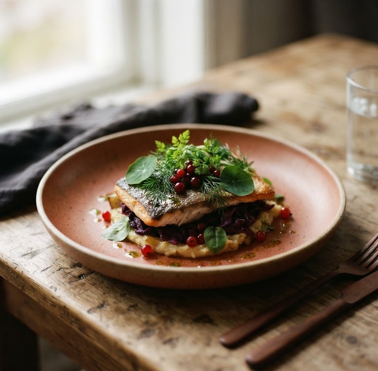 Wide shot of a beautifully plated, minimalist Scandinavian dish, soft natural side-light, shallow depth of field, deep red and forest green tones, 35mm.