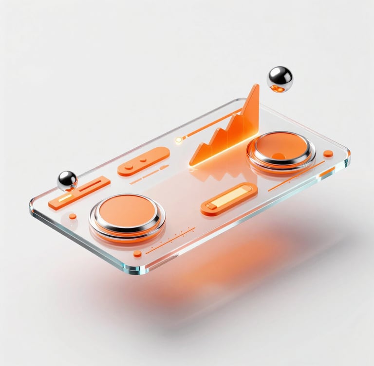 Dynamic isometric view of a floating glassmorphic dashboard with vibrant orange UI elements, glowing graphs, and chrome 3D spheres, clean studio lighting, sharp shadows, stark white background.