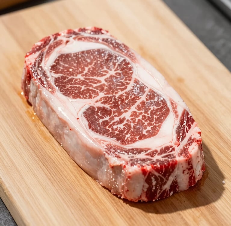 Close-up of freshly cut, beautifully marbled raw ribeye steak on a clean wooden butcher block, bright natural daylight, crisp food photography