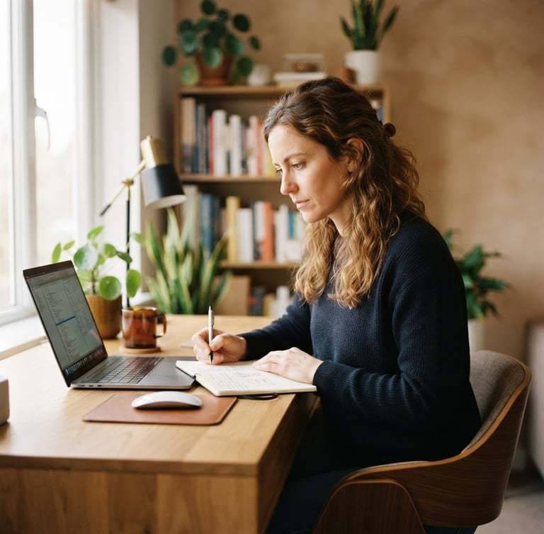 A professional working in a natural home office with soft window daylight, focused expression, modern clean workspace, shallow depth of field, 35mm photography
