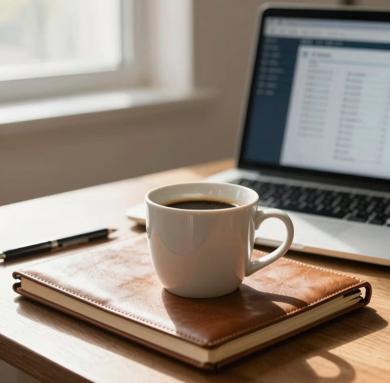 A close-up of a professional desk with a ceramic coffee mug, a leather notebook, and a laptop displaying clean client management software, warm morning light, shallow depth of field.