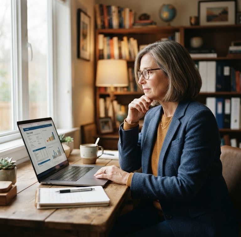 A professional environmental portrait of an insurance mentor in a warm, daylit home office, looking thoughtfully at a laptop, 35mm photography, shallow depth of field.