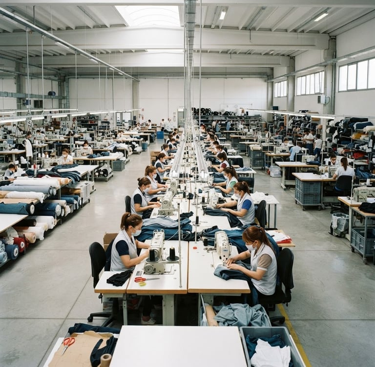 Wide panoramic view of a modern garment factory floor with clean, well-lit production lines, sewing machines, and workers focused on precision stitching. Bright industrial daylight, crisp details of textiles and machinery.