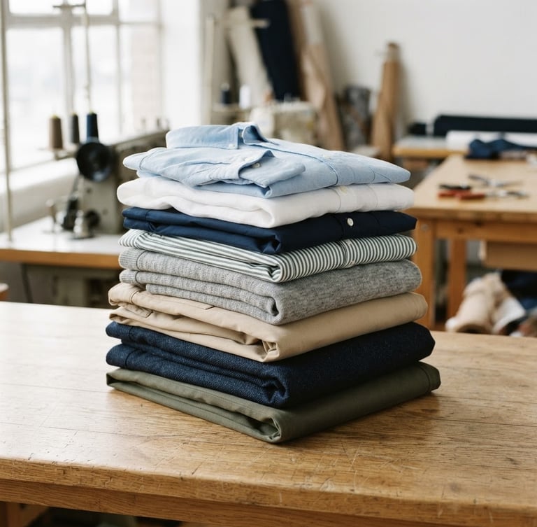 Clean lifestyle product photography of a neatly folded stack of premium casual shirts and tailored trousers, bright natural light, crisp textures, 35mm
