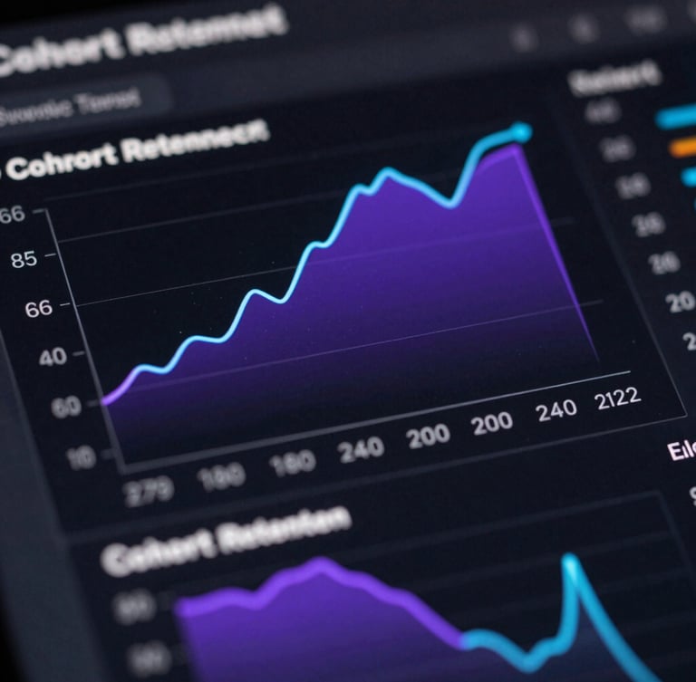 Macro close-up of a high-fidelity dark-mode analytics dashboard, showing real-time cohort retention curves and attribution graphs in electric purple and cyan lines on a pitch-black screen.