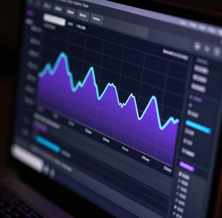 Macro close-up of a dark-mode analytics dashboard showing high-contrast purple and cyan line charts, low-key studio lighting with electric purple rim-lighting on the screen edge.