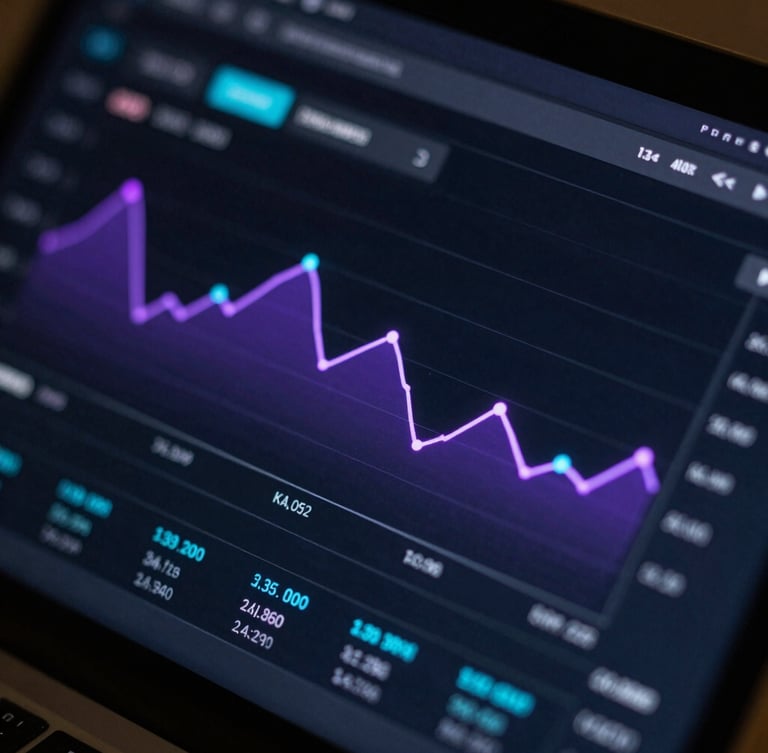 Macro close-up of a dark-mode analytics dashboard with electric purple line charts and cyan data points, low-key rim lighting.