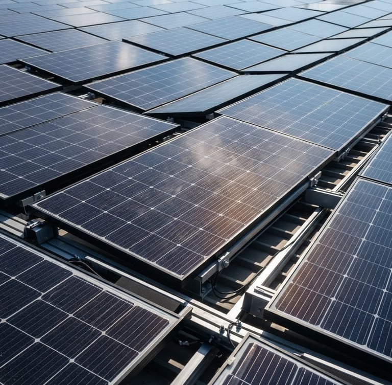 Close-up of high-efficiency solar panel arrays reflecting hard, bright blue sky, sharp geometric lines, deep slate and amber tones, architectural photography.