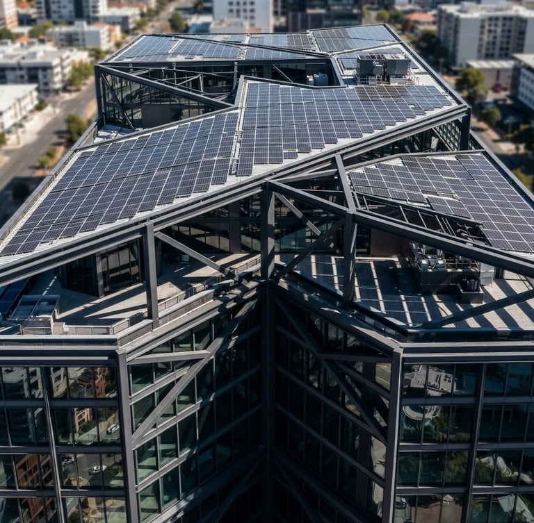 High-angle architectural photography of a modern commercial building frame under bright direct sunlight, sharp steel lines casting geometric shadows, solar array integrated on the roof.