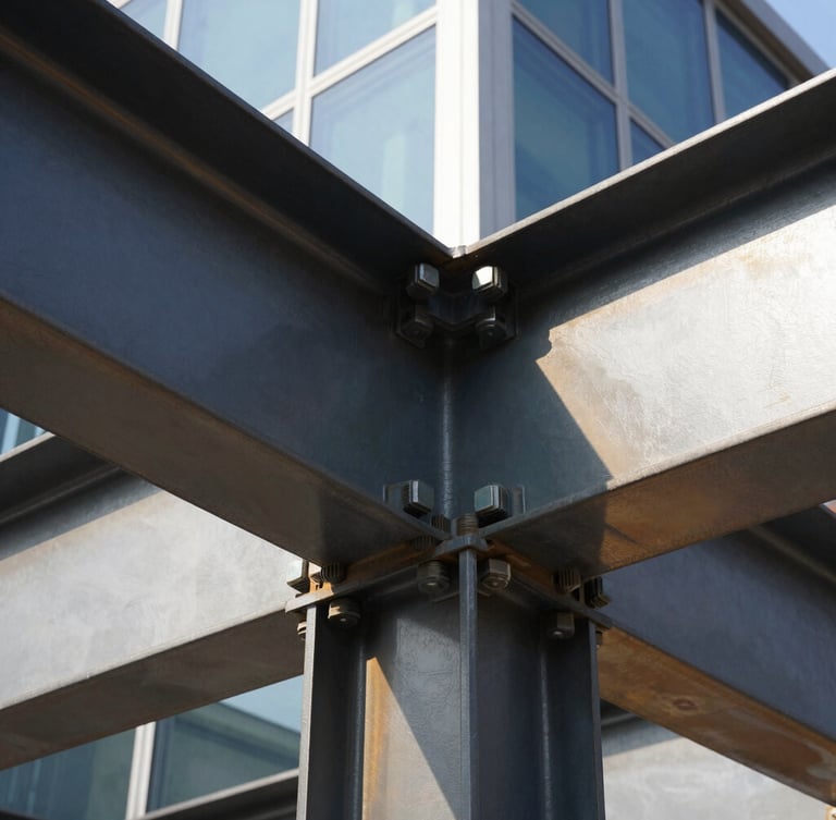 Extreme close-up of a heavy structural steel beam joint secured with massive bolts, bright direct sunlight reflecting off metallic surfaces, high-contrast architectural photography