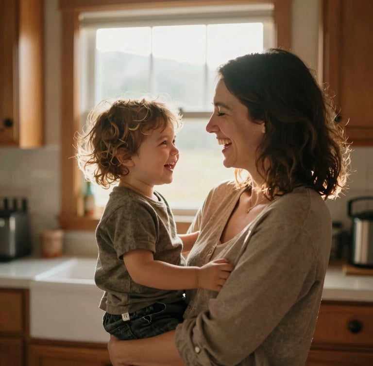 Candid portrait of a mother laughing with her young child in a sunlit Chelan kitchen, warm natural light diffusing through a window, soft focus, rich earth tones, 35mm photography