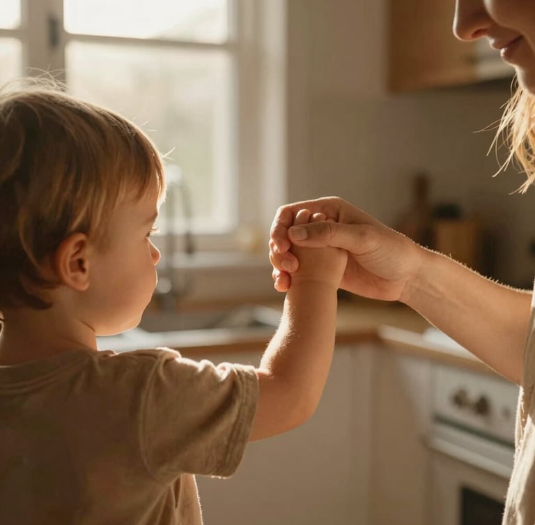A close-up candid photograph of a mother holding her toddler's hands in a sunlit kitchen, warm golden-hour light streaming through a window, soft earth tones