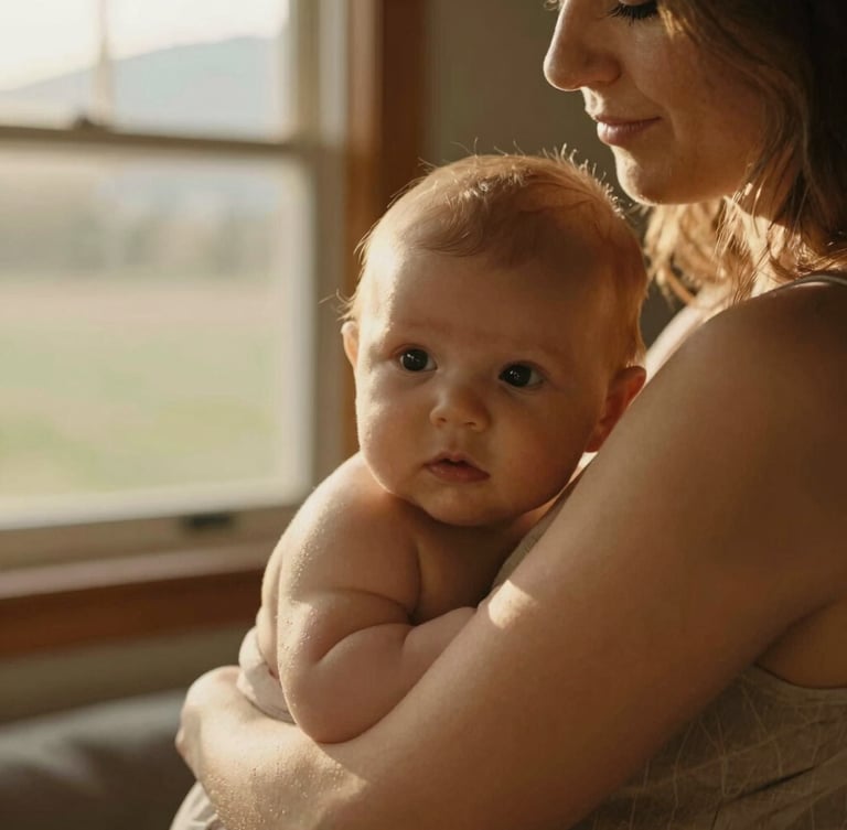 Close-up candid portrait of a mother holding her baby in a warm sunlit room in Chelan, soft golden-hour natural light filtering through a window, rich earth tones, shallow depth of field, 35mm photography.