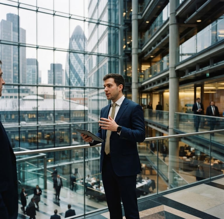 Modern architectural interior of a London financial hub, cool natural overcast daylight reflecting on glass facades, shallow depth of field, 35mm