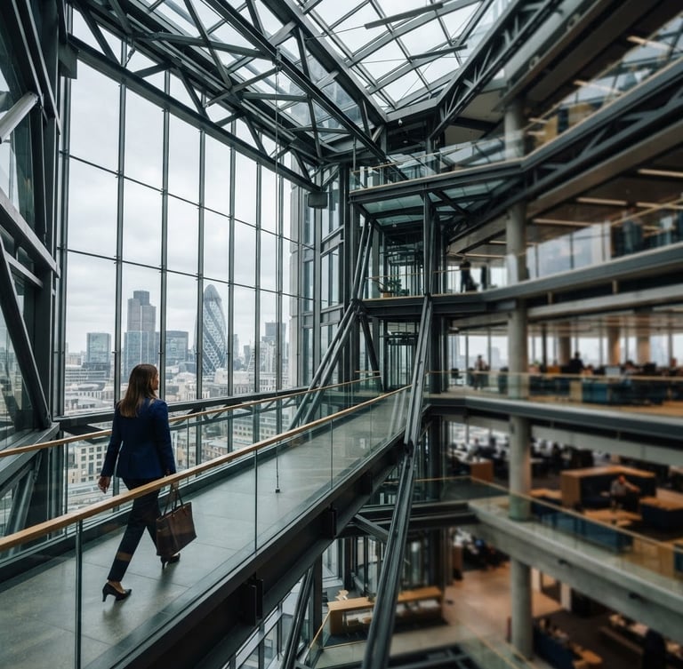 Wide environmental shot of a modern glass-and-steel financial tower interior in London, cool natural overcast daylight, sharp architectural geometry, shallow depth of field, 35mm