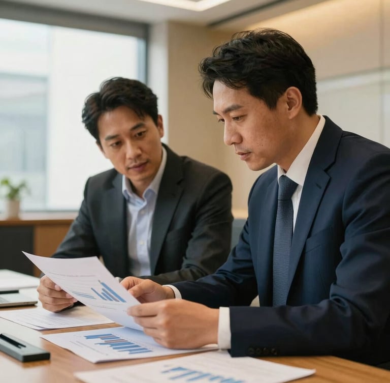 Candid medium-close portrait of two diverse executives analyzing financial charts in a modern boardroom, warm interior architectural lighting, shallow depth of field, 35mm