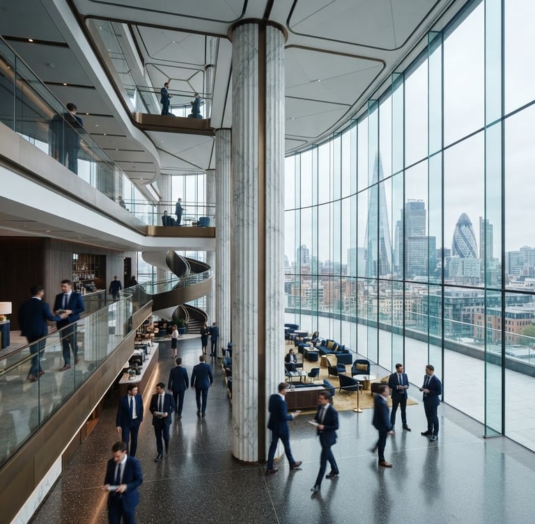 Wide environmental shot of a modern architectural interior of a global financial hub in London, cool overcast daylight streaming through floor-to-ceiling windows, soft gold highlights on clean marble columns.