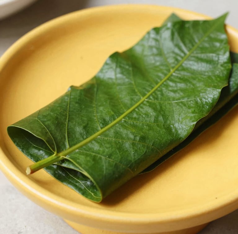 Macro close-up shot of a freshly folded deep green betel leaf resting on a vibrant warm saffron ceramic pedestal, bright natural daylight, soft shadows, premium food photography style