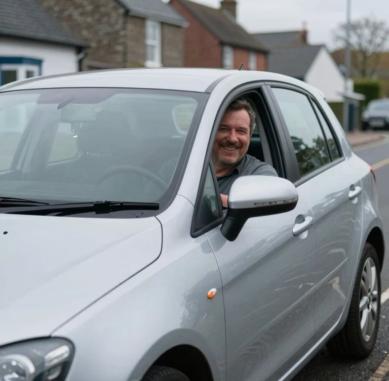 A friendly local driver in a clean silver car parked on a quiet Pontyclun street, soft overcast daylight, natural cool tones, 35mm lens.