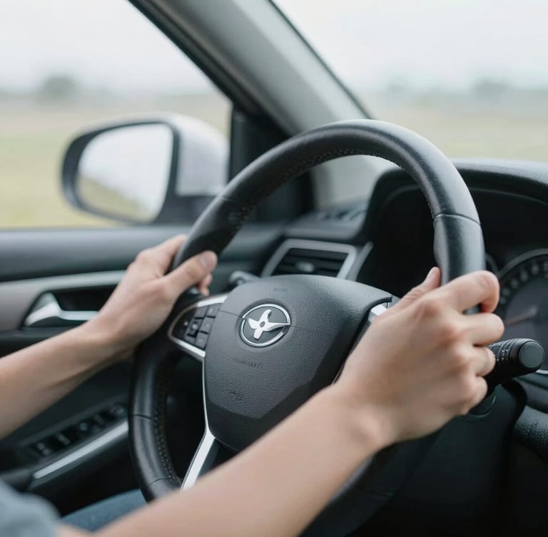 A close-up of a driver's hands on a clean steering wheel, soft morning light filtering through the window, honest editorial photography.