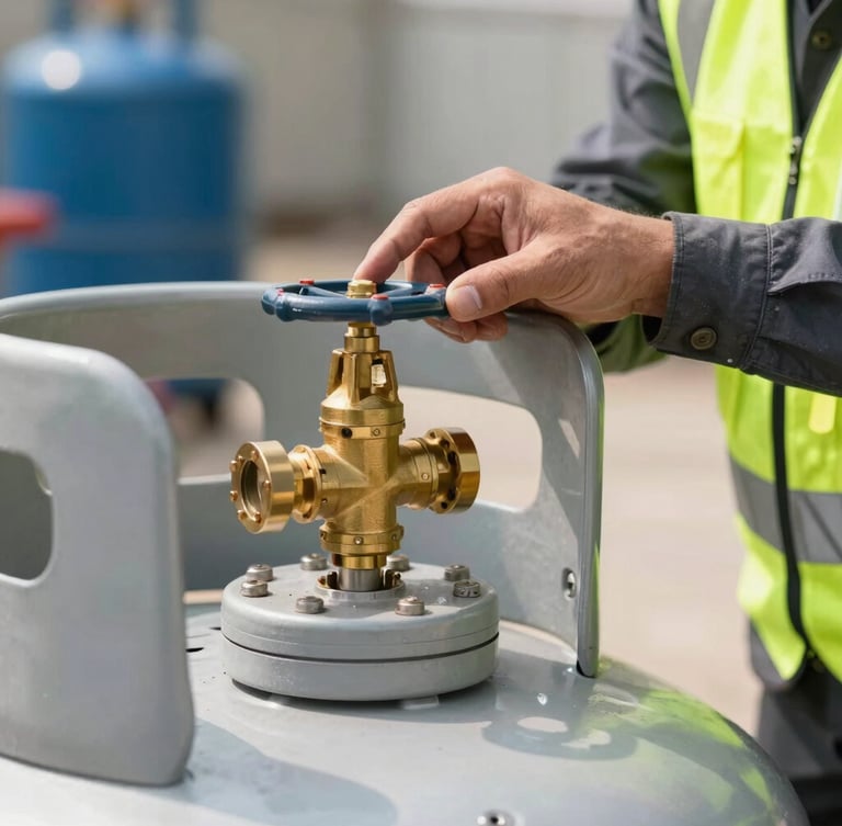 Close-up macro shot of a professional technician in high-visibility safety gear inspecting a brass valve connection on a large outdoor propane tank, bright natural daylight, sharp focus.
