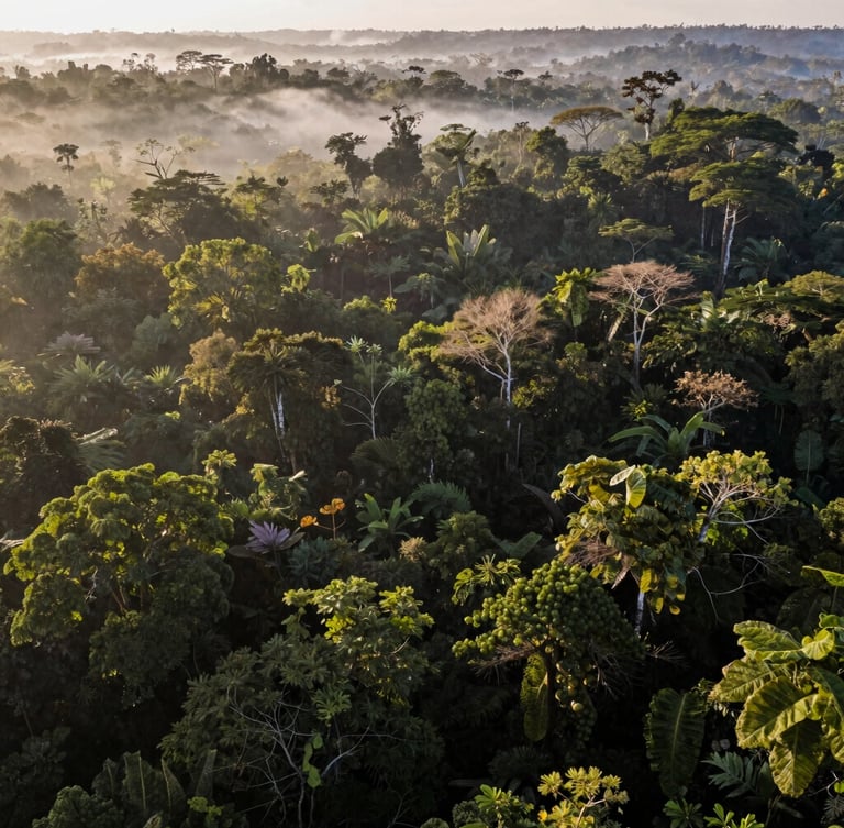 Wide-angle aerial view of a dense, lush Brazilian rainforest canopy at sunrise, soft morning mist rising, highly detailed, professional environmental photography.