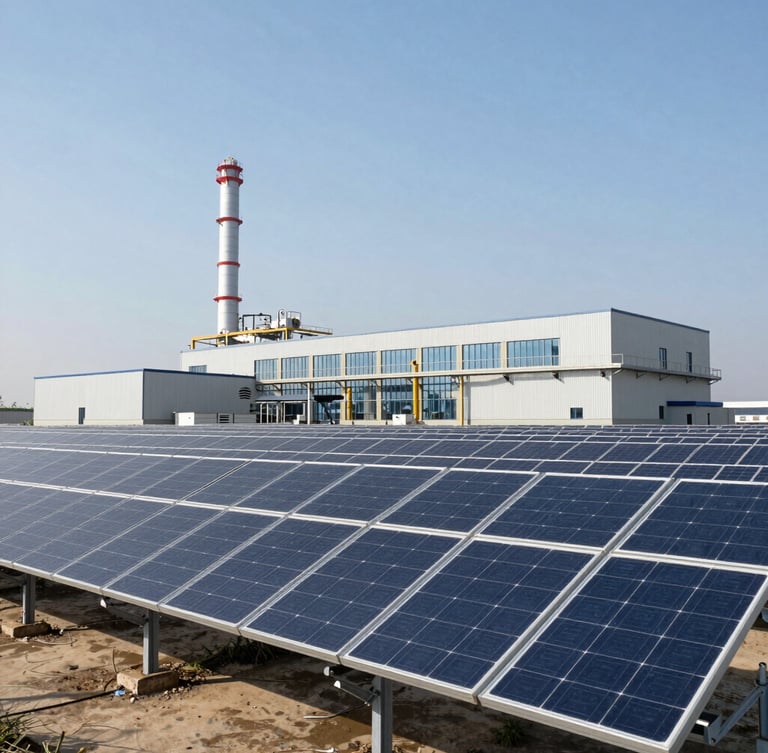Wide environmental shot of a modern industrial solar array under bright, natural daylight, clean architectural lines.