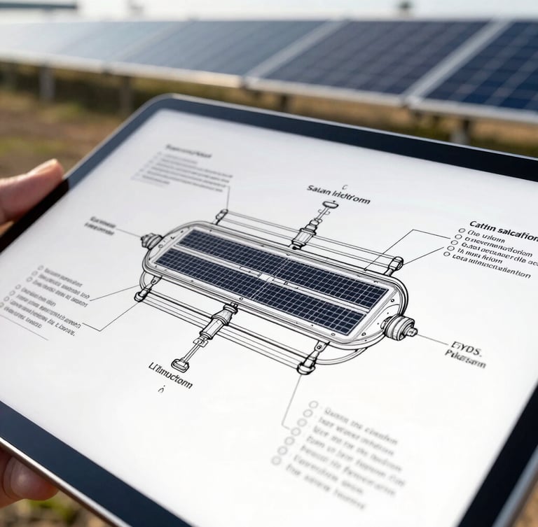 Close-up of technical solar engineering schematics on a tablet, with blurred industrial solar panels in the background, bright natural daylight, precise and clean.