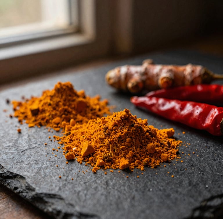 Macro close-up of vibrant turmeric and red chili mounds on a dark stone surface, warm dramatic side window light, 35mm film texture