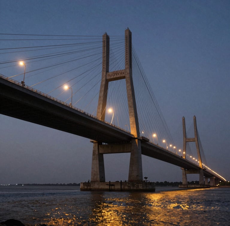 Low-angle architectural shot of the Bandra-Worli Sea Link cables against a deep twilight sky, golden hour reflections on the water.