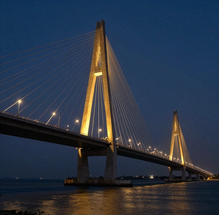 Low-angle architectural shot of the Bandra-Worli Sea Link at twilight, glowing golden cables against deep navy sky, calm Arabian Sea.