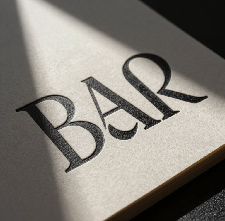 High-contrast portrait studio shot of physical brand collateral, thick textured paper with deep embossed typography, sharp directional side shadows, modern minimalist aesthetic.